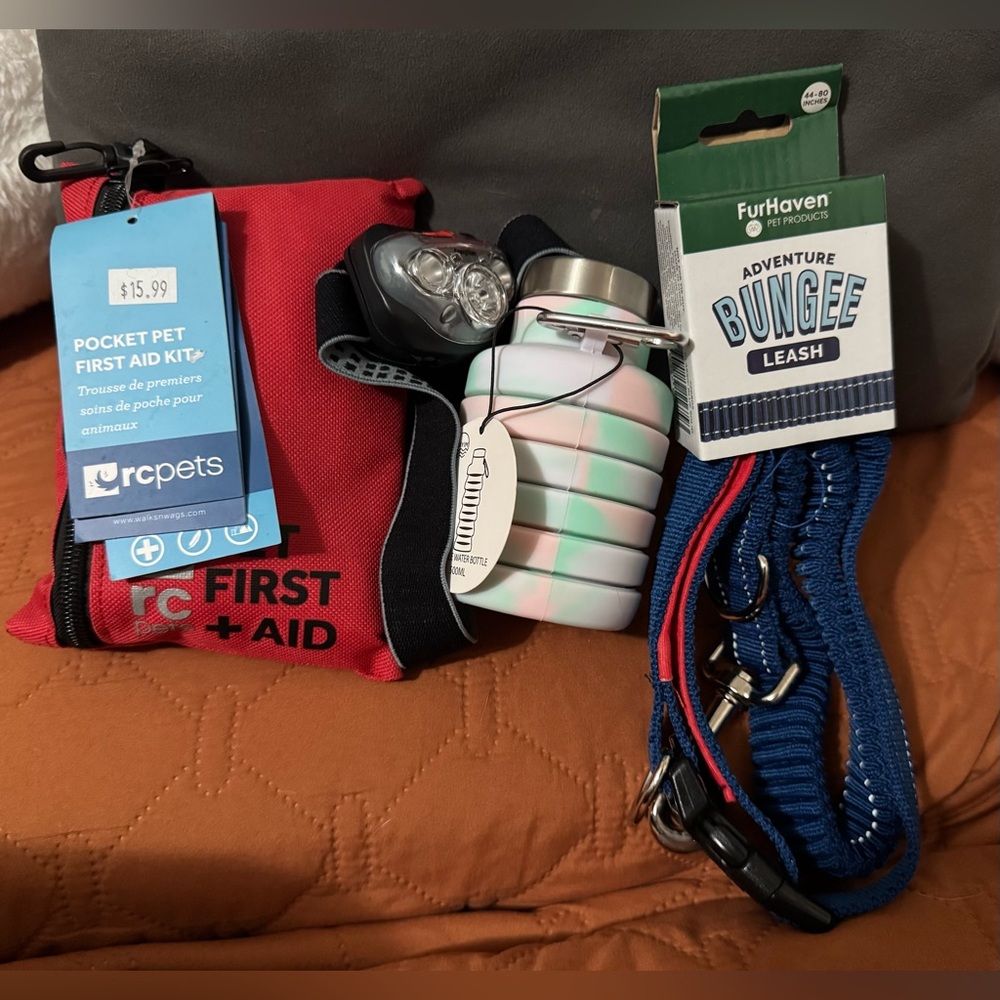 Dog Adventure Kit - First Aid, Bungee Leash, Water Bottle & Energizer Head Light